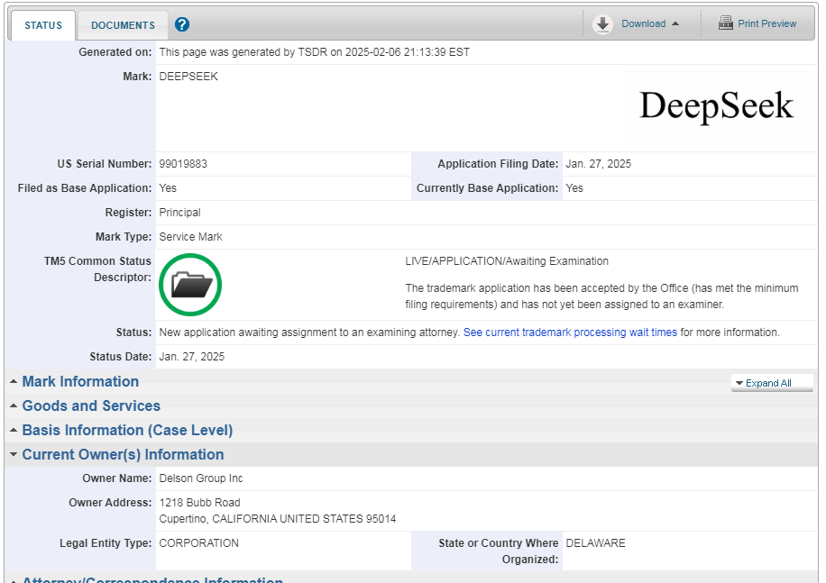 DeepSeek美国商标被抢注