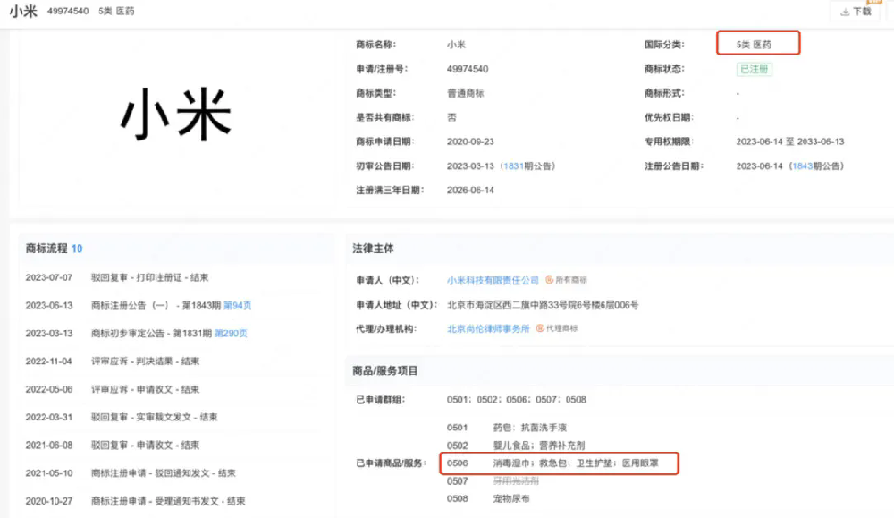小米商标已含卫生护垫类